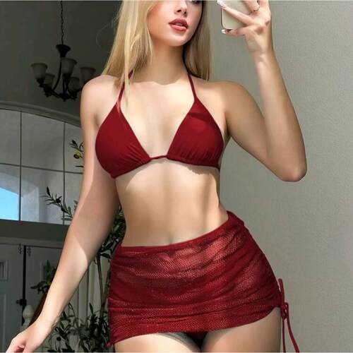 Skirt style mesh three bikini hanging neck backless