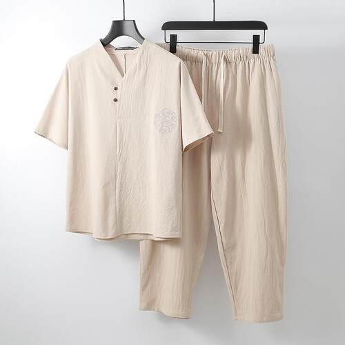 Thin linen suit men's V-neck short sleeved T-shirt,