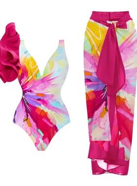 Printed one-piece swimsuit for women, covering the belly