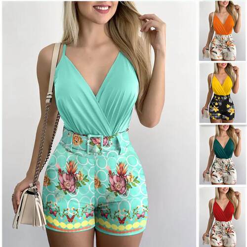 Women's collar tank top and printed shorts set with belt