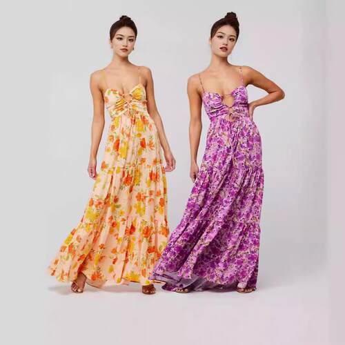 Printed camisole patchwork dress beach strap long