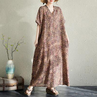 Thin cotton and linen printed V-neck long skirt for