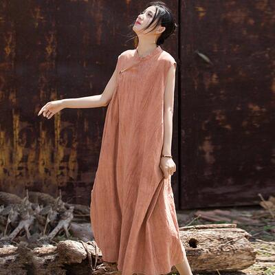 Thin cotton handmade improved sleeveless long skirt