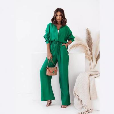Elastic wrinkled long sleeved shirt wide leg pants set for