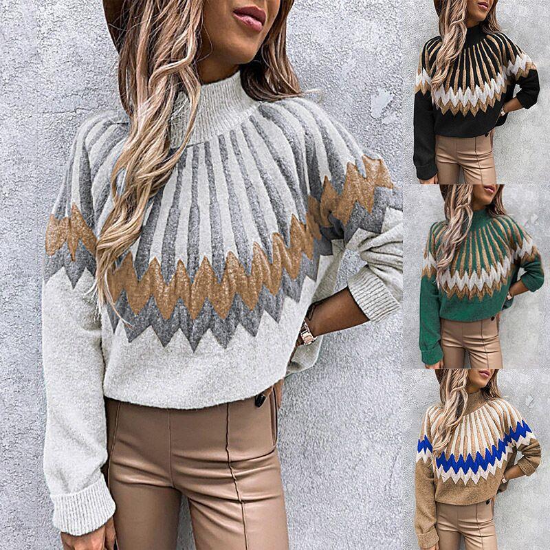 Women's printed high necked long sleeved knitted sweater
