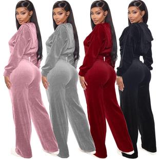 Women's velvet zipper jacket straight leg pants set