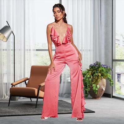 Satin one-piece pants for women, single ruffled edge