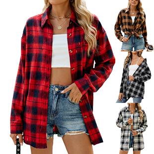 Hook flower long sleeved lapel plaid shirt for