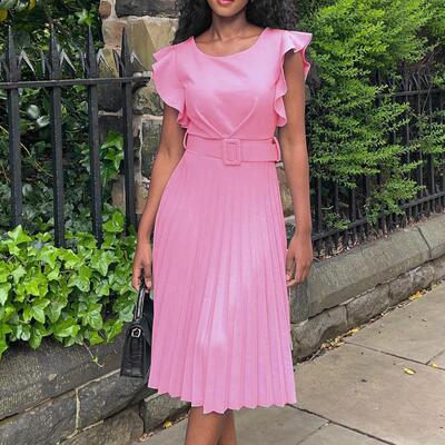 Waist belt, lotus leaf sleeves, round neck, cinched waist,