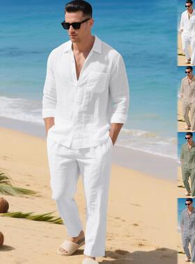 Men's linen collar long sleeved shirt beach pants set