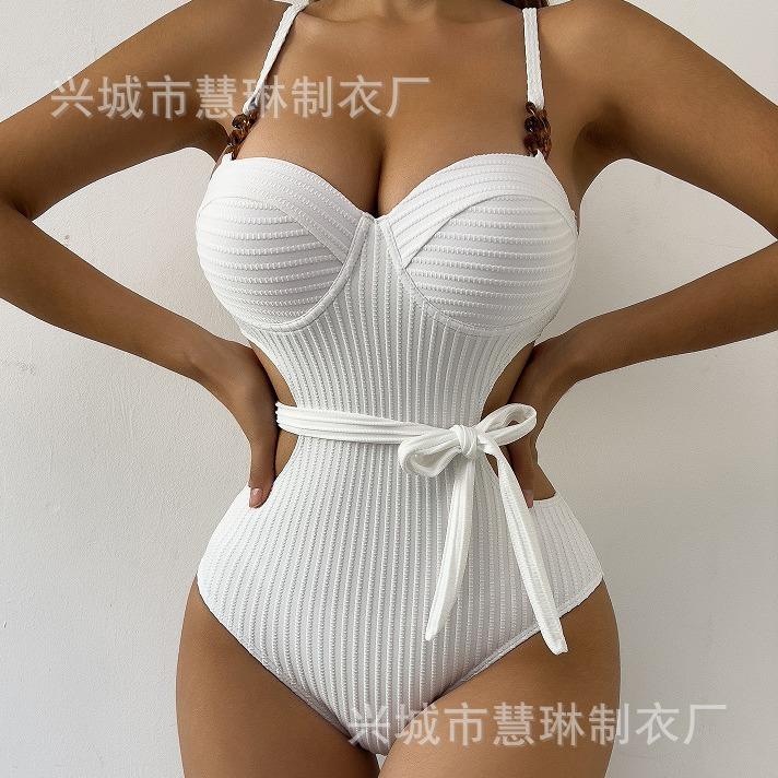 White wave patterned camisole waist belt one-piece