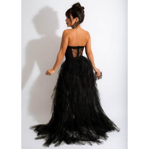 Large lace mesh strapless evening gown