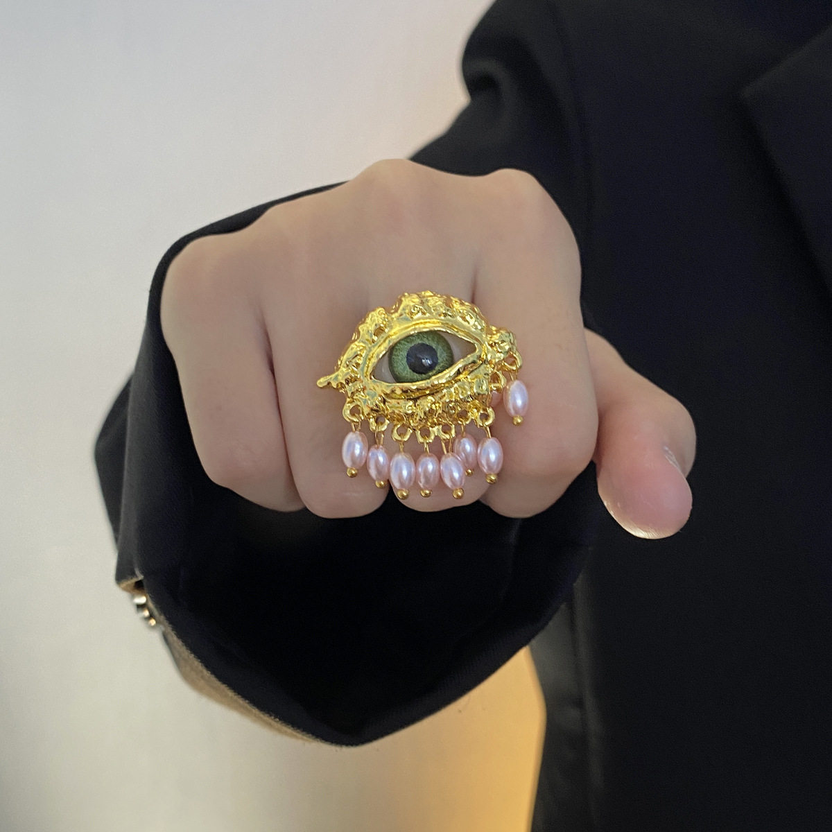 中古金属恶魔眼珍珠流苏戒指女小众轻奢vintage个性夸张开口指环