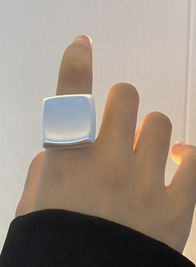 欧美时尚简约重工银色拉丝几何图形戒指可开口方面小众设计感指环