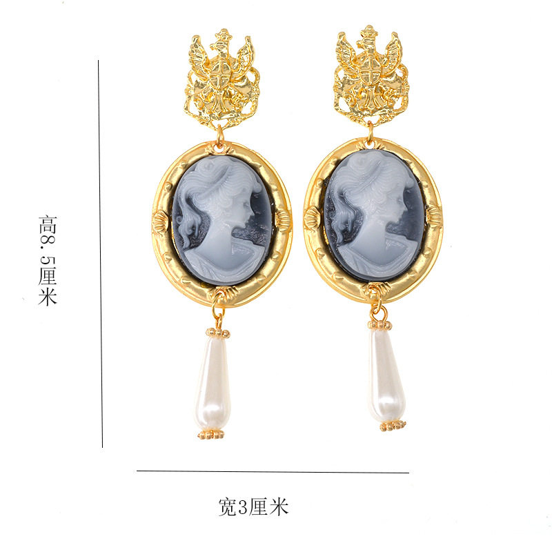 欧美夸张复古耳钉女宫廷风巴洛克美人头吊灯满钻镶嵌长款流苏耳环