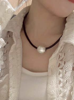 小众金属圆球颈链黑皮绳choker项圈甜酷风辣妹气质锁骨链ins项链