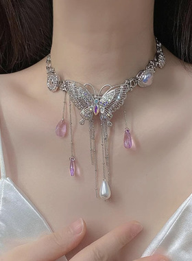 紫色水晶蝴蝶流苏项链小众设计时尚百搭颈链高级感choker锁骨链潮