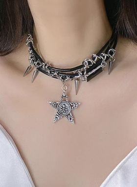 Y2K辣妹五角星牙齿皮绳多层叠戴项链女个性暗黑甜酷朋克锁骨链潮
