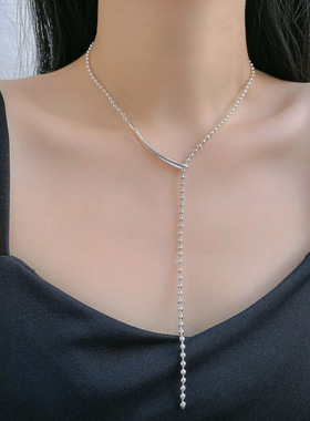 简约百搭几何流苏别针Y型链项链女小众设计冷淡风串珠球球锁骨链