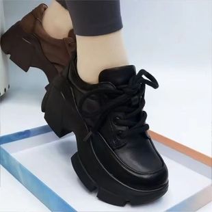 品牌鞋松糕厚底真皮加绒单鞋女2025秋冬新款圆头系带休闲百搭增高