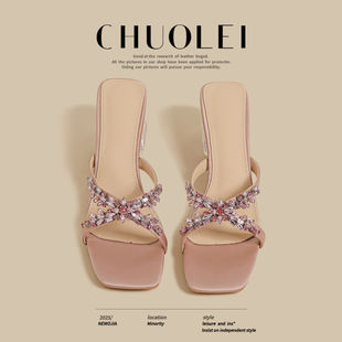 拖鞋 气质交叉水钻配裙子不累脚凉鞋 女2026夏季 粗高跟爆款 新款 时尚