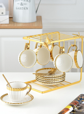 现代简约金边陶瓷咖啡杯碟喝茶白色花茶套装六杯碟勺带金架子