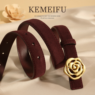 细腰带女真皮玫瑰扣绒面安可拉红高级感皮带显瘦配裙配饰牛仔裤带