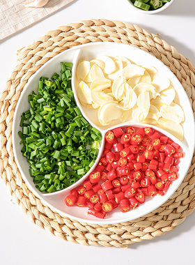 陶瓷三格餐盘分隔盘厨房葱姜蒜配料备菜盘子家用水果盘配菜分格盘