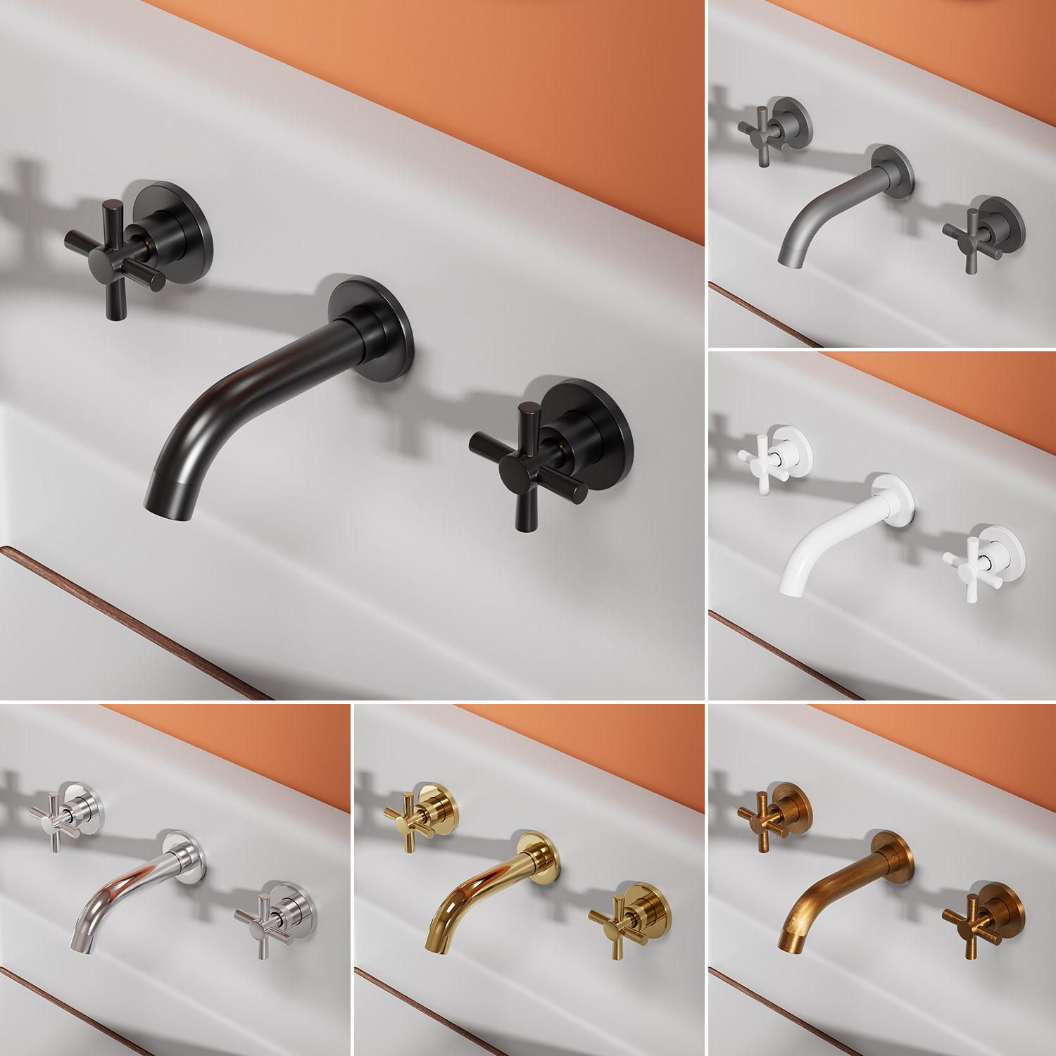 全铜双把水龙头冷热浴室柜暗装三孔分体入墙三件套面盆水龙头配件