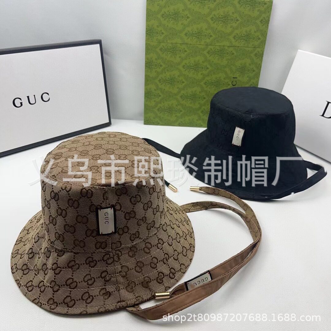 跨境字母双面渔夫帽满幅logo提花图案绳带设计刺绣男女同款帽子