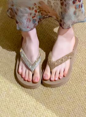 带钻人字拖女夏外穿坡跟凉