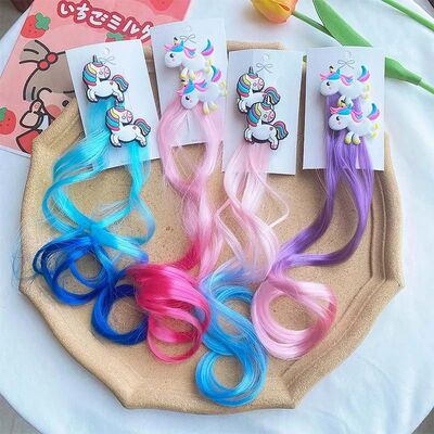 2PCS New Princess Unicorn Multicolour Wig Girls Hairpins Cut