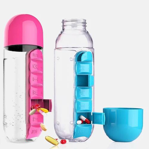 2 in 1 600ml 7 Grids Medicine Box Water Cup Sports Plastic W