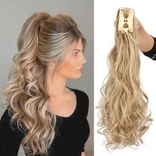 Long Wavy Ponytail Extensions - 22 Inch Claw Clip In Synthet