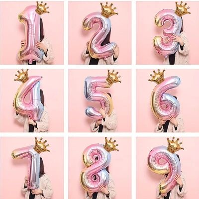 32Inch Large Crown Number Foil Balloon,Pink Blue Gradient Di