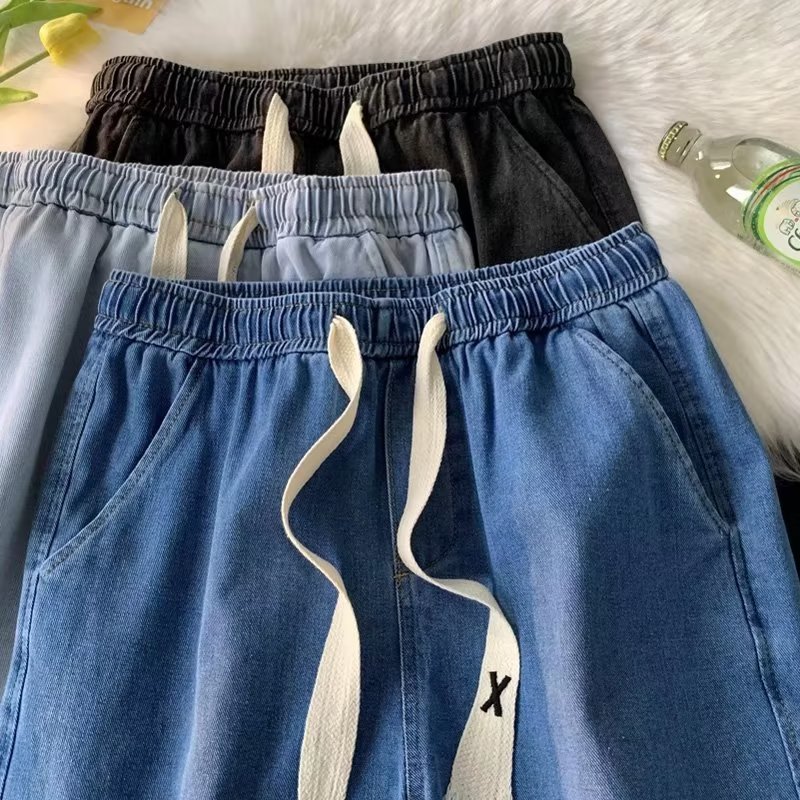 浅蓝色牛仔裤男年松紧腰九分裤夏季薄款宽松阔腿裤子潮牌