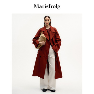 Marisfrolg玛丝菲尔新款酒红色羊毛翻领廓形时尚休闲中长款风衣女