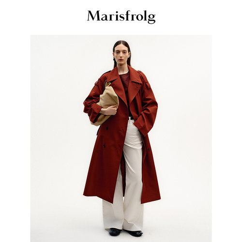 Marisfrolg玛丝菲尔新款酒红色羊毛翻领廓形时尚休闲中长款风衣女