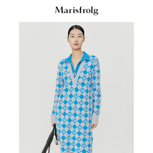 新款 玛丝菲尔23春装 棋盘格毛衣裙纯羊毛针织连衣裙女 三色堇