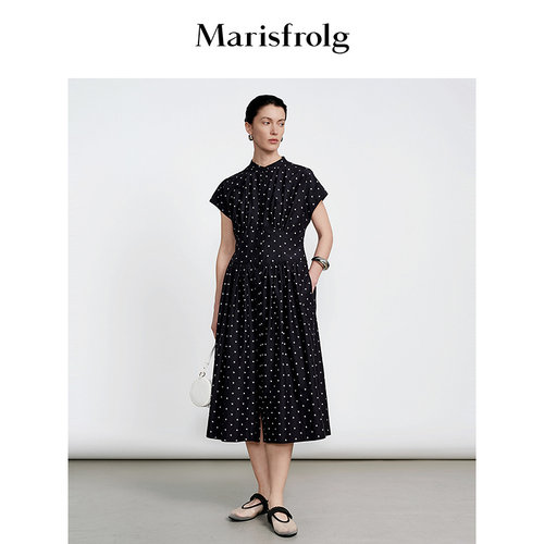 Marisfrolg玛丝菲尔夏季优雅立领连肩袖A字波点收腰优雅连衣裙女