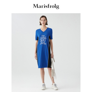 Marisfrolg/玛丝菲尔女装夏季新款V领中长款蓝色针织连衣裙