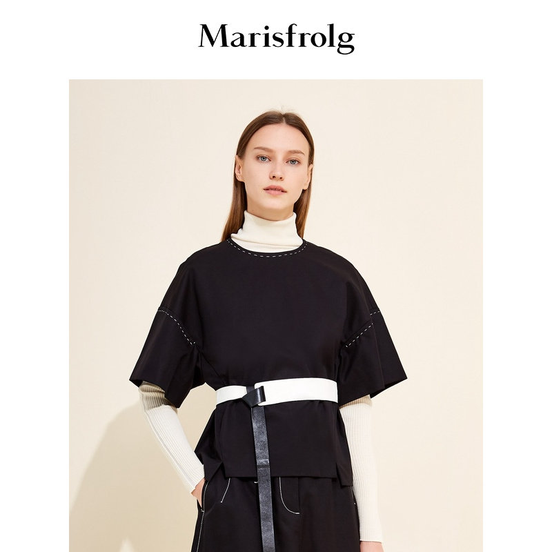 玛丝菲尔奥莱春季新款休闲纯色棉衬衫套头五分袖女纯棉