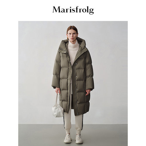 【修身羽绒服】玛丝菲尔冬季豆绿色连帽长款白鹅绒羽绒服女