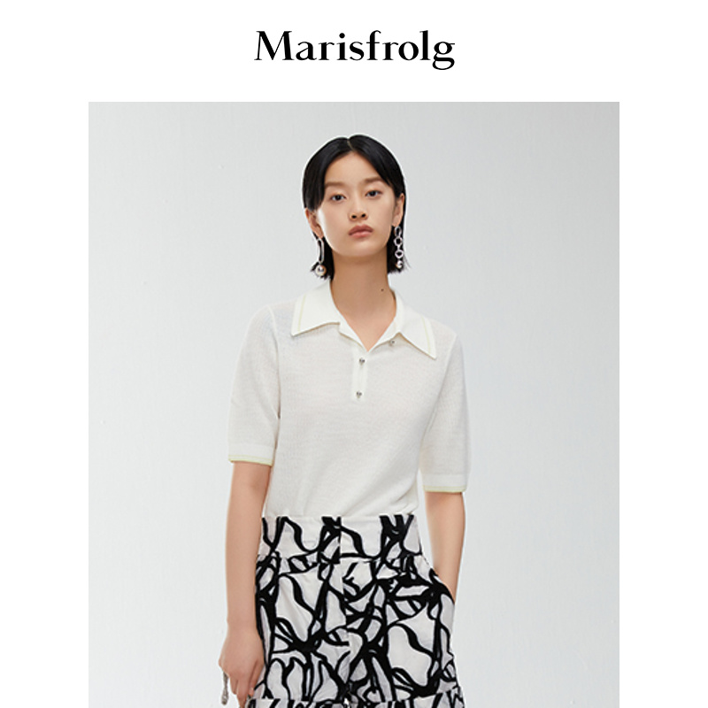 【会员价821元】玛丝菲尔春夏polo领宽松白色针织衫毛衣