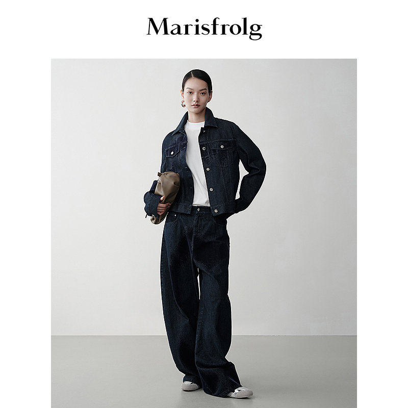 Marisfrolg玛丝菲尔时尚经典复古深靛蓝棉100%植绒牛仔夹克外套女