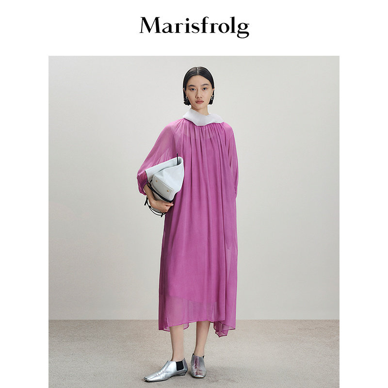 【桑蚕丝100%】Marisfrolg玛丝菲尔玫红短袖A字宽松优雅连衣裙女