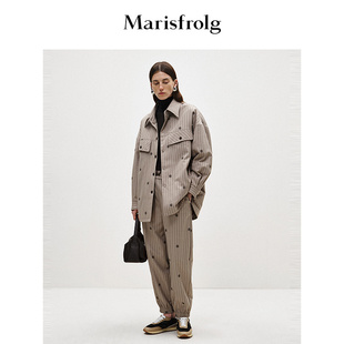 新款 玛丝菲尔奥莱冬季 卡其色条纹提花羊毛束脚休闲裤 商场同款