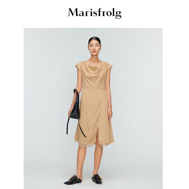 玛丝菲尔夏季新款姜黄色气质优雅荡领小众设计感连衣裙女