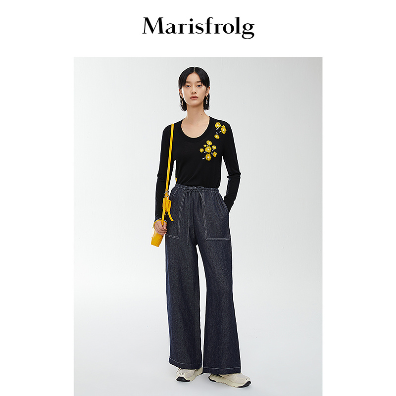 【会员价491元】玛丝菲尔春季新款黑色圆领格桑花羊毛花稿针织衫