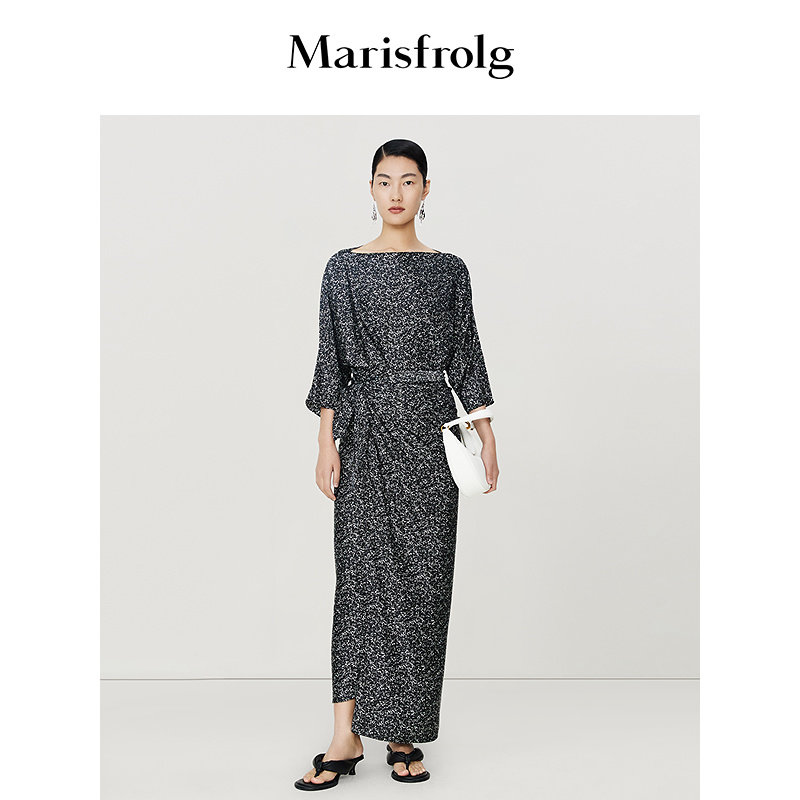 【桑蚕丝100%】Marisfrolg玛丝菲尔夏季新款一字领七分袖连衣裙女